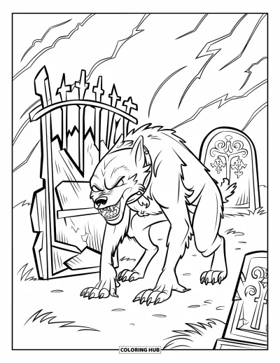 Werwolf-Ausmalbild für Kinder: Ein Werwolf steht auf einem stürmischen Friedhof mit zerbrochenen Toren und Blitzen