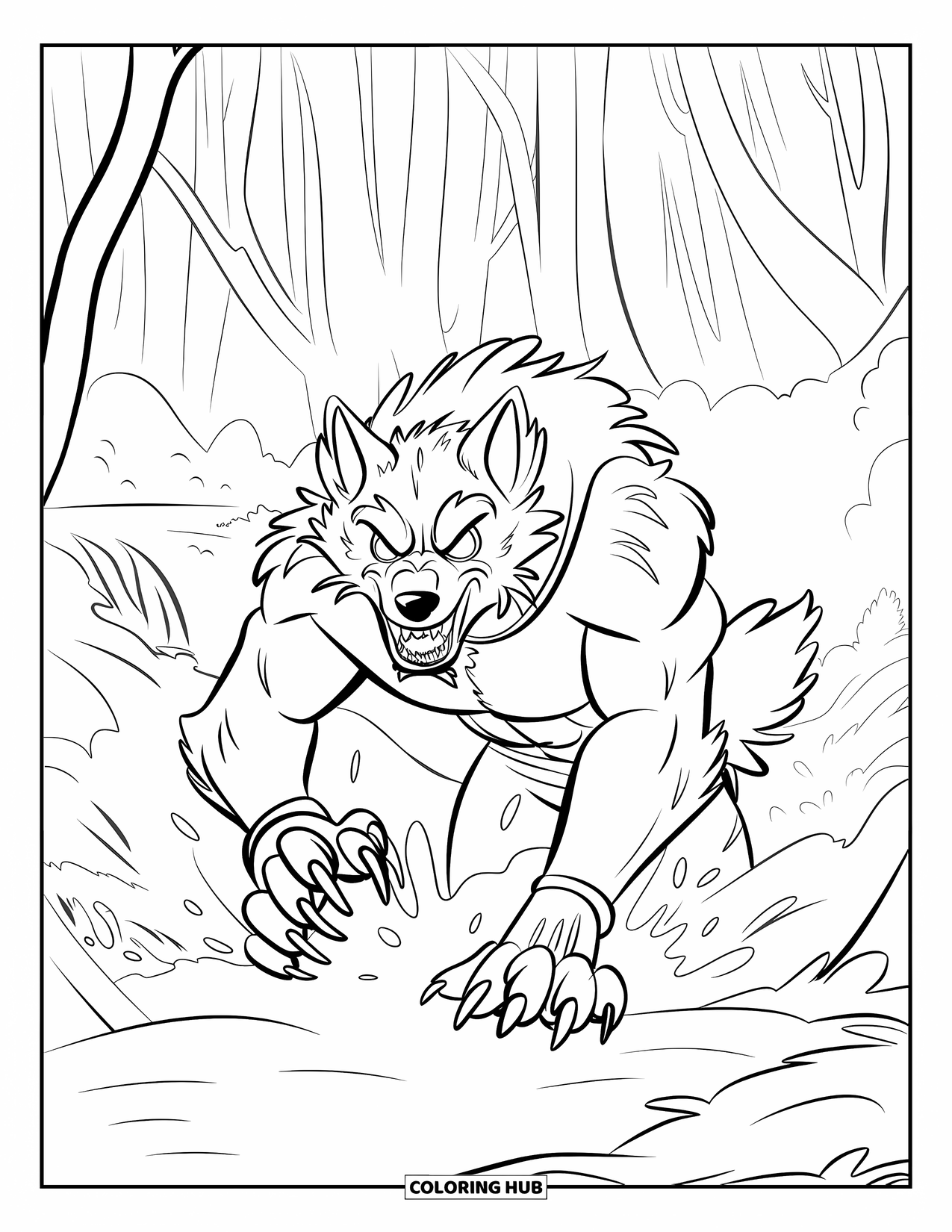 Werewolf Coloring Page for Kids: Werewolf with a collar runs through thick fog and trees with glowing eyes