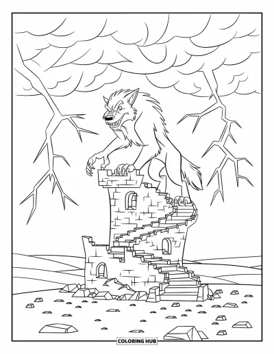 Werwolf-Ausmalbild für Kinder: Ein Werwolf mit zerzaustem Haar steht hoch oben auf einem verfallenen Turm im Sturm