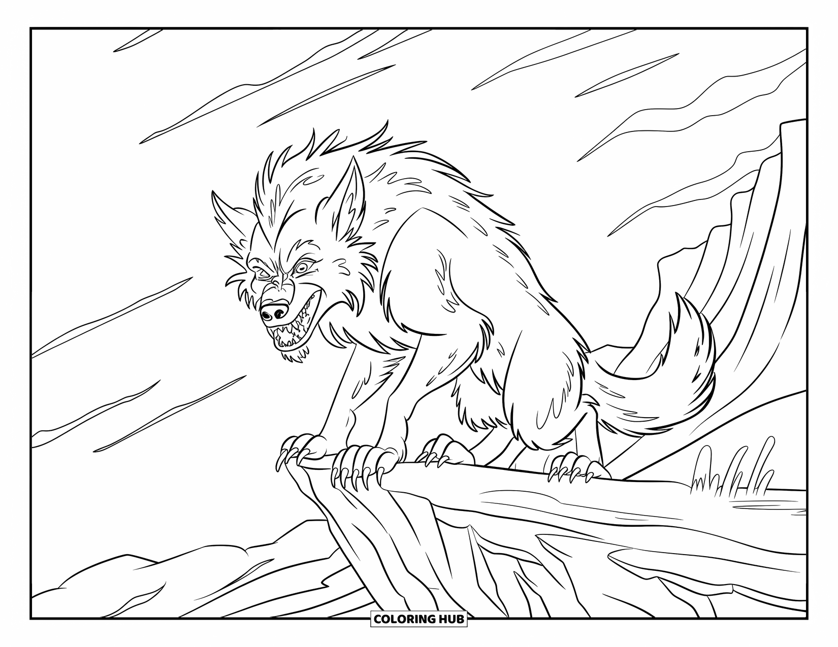 Werewolf Coloring Page for Kids: Werewolf with wild fur stands on a cliff under stormy skies and howling wind