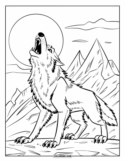 Werwolf-Ausmalbild für Kinder: Ein Werwolf mit wildem Fell heult nahe zerklüfteter Gipfel unter einem leuchtenden Mond