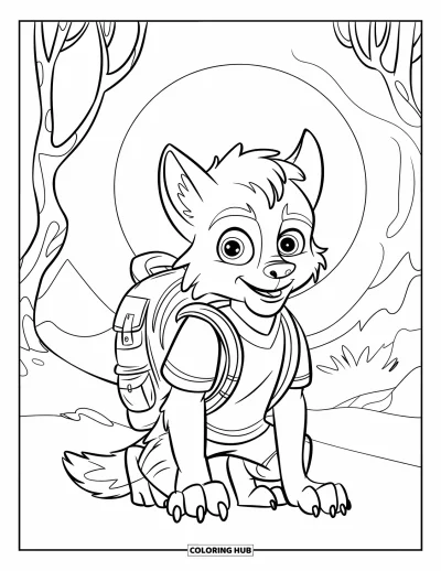 Werwolf-Ausmalbild für Kinder: Ein junger Werwolf erkundet mit einem Rucksack den Wald unter einem Vollmond