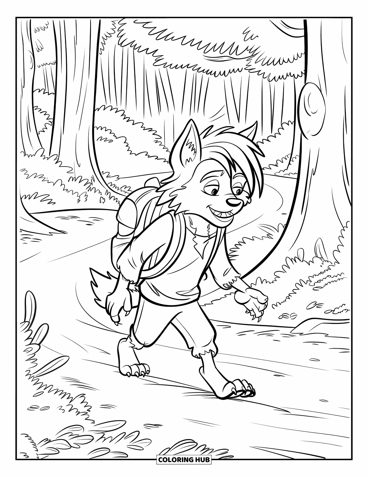 Werewolf Coloring Page for Kids: Young werewolf with wild hair walks through leaf-covered forest trails