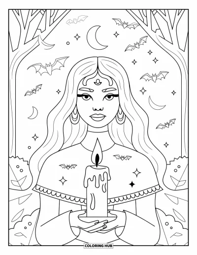 Coloriage de sorcière pour adultes : Une sorcière tenant une bougie se tient parmi des chauves-souris et des lunes dans une forêt silencieuse