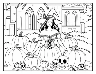 Coloriage de sorcière pour adultes : Une sorcière en corset se tient près de citrouilles et de crânes devant une chapelle gothique
