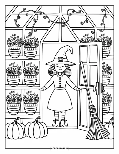 Coloriage de sorcière pour adultes : Une sorcière de serre souriante se tient près de son balai appuyé contre des citrouilles et des lianes espiègle