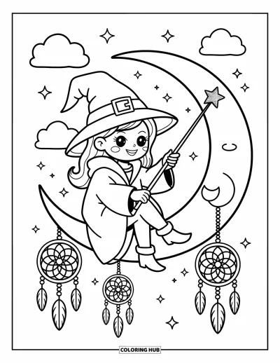 Coloriage de sorcière pour adultes : Une sorcière douillette peint des étoiles dans le ciel en laissant pendre ses pieds depuis la lune