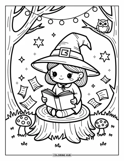 Coloriage de sorcière pour adultes : Une sorcière curieuse lit son grimoire sur une souche d'arbre entourée de champignons et de petites lumières féeriques