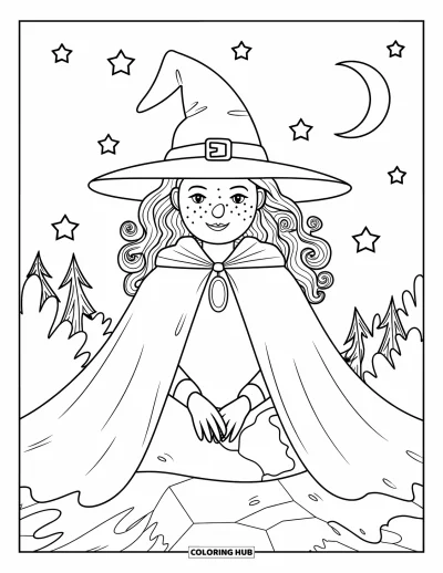 Coloriage de sorcière pour adultes : Une sorcière aux cheveux bouclés et aux taches de rousseur se repose sur un rocher sous les étoiles et un croissant de lune