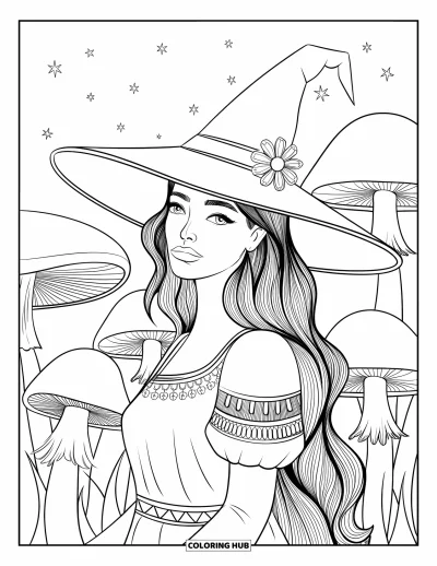 Coloriage de sorcière pour adultes : Une sorcière aux cheveux sombres avec une fleur dans son chapeau se tient dans une forêt de champignons