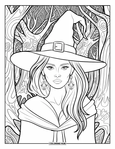 Coloriage de sorcière pour adultes : Une sorcière aux cheveux sombres et au regard perçant se tient dans une forêt aux motifs complexes