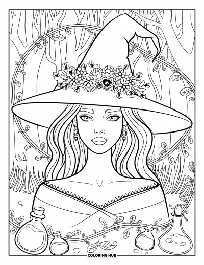 Coloriage de sorcière pour adultes : Une sorcière couronnée de fleurs se tient parmi des lianes et des potions dans une forêt accueillante