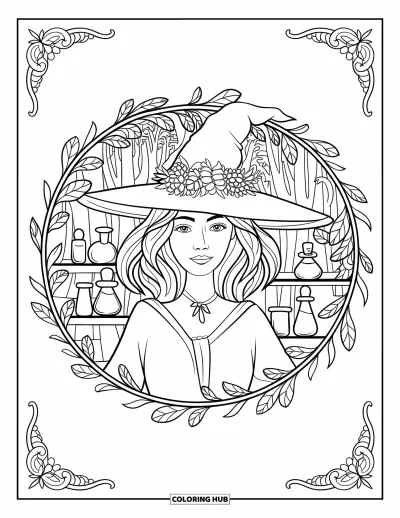 Coloriage de sorcière pour adultes : Une sorcière couronnée de fleurs se tient dans un cercle de lianes avec des potions et des étagères derrière elle