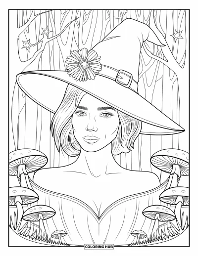 Coloriage de sorcière pour adultes : Une sorcière au chapeau fleuri se tient parmi des champignons sous un ciel rempli d'étoiles