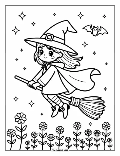 Coloriage de sorcière pour adultes : Une sorcière en vol tend la main vers une chauve-souris pendant qu'elle survole un champ de fleurs