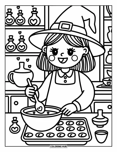 Coloriage de sorcière pour adultes : Une sorcière heureuse prépare des biscuits lunaires dans sa cuisine tandis que des potions bouillonnent avec des cœurs flottants