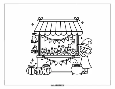 Coloriage de sorcière pour adultes : Une sorcière heureuse explore un charmant étal de marché avec des potions et un chaudron bouillonnant