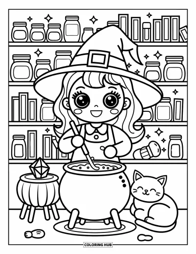 Coloriage de sorcière pour adultes : Une sorcière heureuse remue son chaudron bouillonnant entourée de flacons, de livres et de son chat