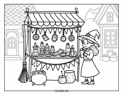 Coloriage de sorcière pour adultes : Une sorcière joyeuse feuillette des parchemins de sorts et des potions à un étal de marché décoré de guirlandes