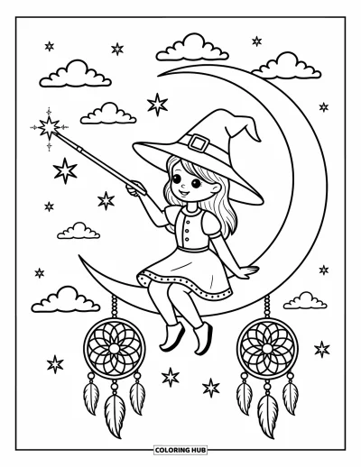 Coloriage de sorcière pour adultes : Une sorcière espiègle peint des étoiles depuis un croissant de lune entouré de nuages et d'attrape-rêves