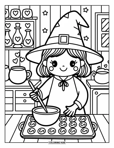 Coloriage de sorcière pour adultes : Une sorcière souriante pose des biscuits en forme de lune sur un plateau pendant que sa cuillère remue toute seule