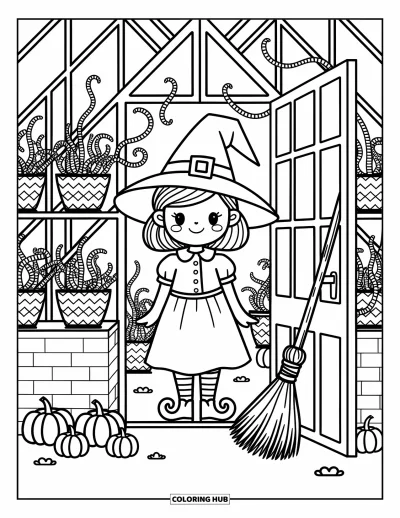 Coloriage de sorcière pour adultes : Une sorcière souriante se tient dans sa serre remplie de lianes bouclées et de citrouilles