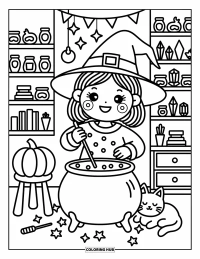 Coloriage de sorcière pour adultes : Une sorcière souriante remue des potions entourée de petits flacons et de livres dans sa salle de potions chaleureuse
