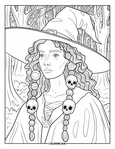 Coloriage de sorcière pour adultes : Une sorcière solennelle avec des perles en forme de crâne dans les cheveux se tient tranquillement dans une forêt