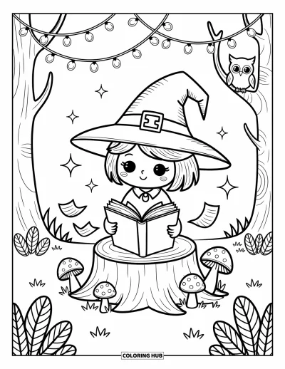 Coloriage de sorcière pour adultes : Une charmante petite sorcière étudie son grimoire dans la forêt sous des lumières scintillantes