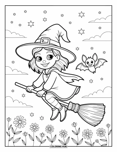 Coloriage de sorcière pour adultes : Une petite sorcière au grand sourire vole au-dessus des fleurs et fait signe à une chauve-souris
