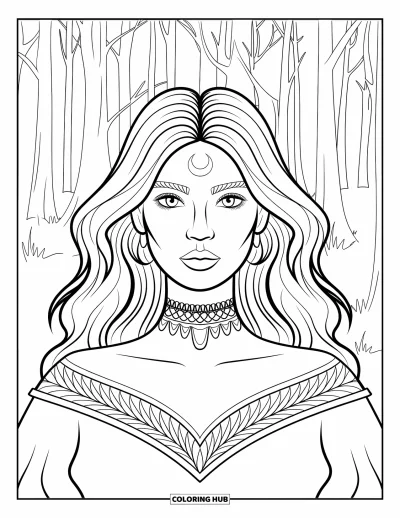 Coloriage de sorcière pour adultes : Une sorcière aux cheveux ondulés et au collier en dentelle se tient dans une forêt de grands arbres