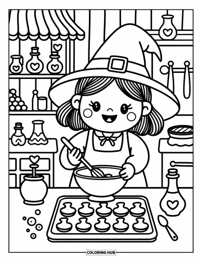 Coloriage de sorcière pour adultes : Une sorcière pose des biscuits lunaires sur un plateau tandis que sa cuisine s'anime par magie