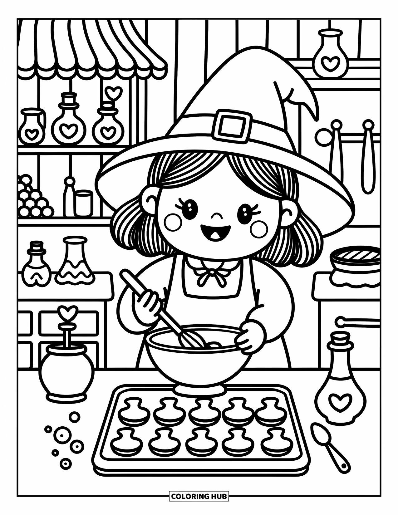 Witch Coloring Page for Adults: A witch places moon cookies on a tray while her kitchen comes alive with magic