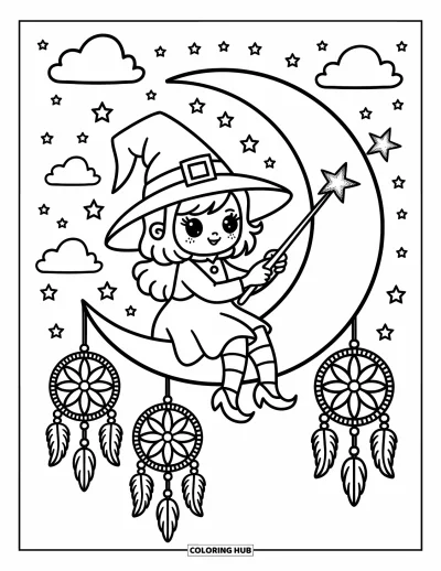 Coloriage de sorcière pour adultes : Une sorcière assise sur la lune peint joyeusement des étoiles avec sa baguette étincelante
