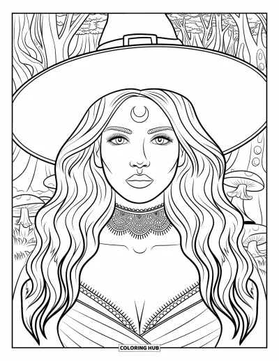 Coloriage de sorcière pour adultes : Une sorcière avec un tatouage de croissant de lune se tient parmi des arbres et des champignons