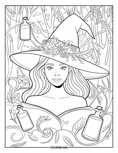 Coloriage de sorcière pour adultes : Une sorcière avec une couronne de fleurs se tient près de lianes tourbillonnantes et de flacons de potions dans la forêt