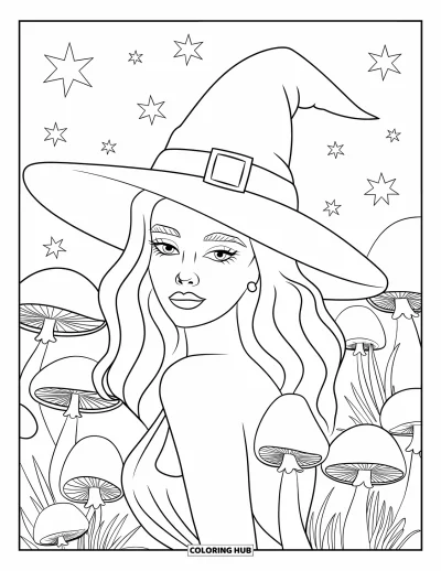 Coloriage de sorcière pour adultes : Une sorcière avec une fleur dans son chapeau se tient sous les étoiles dans une forêt pleine de champignons