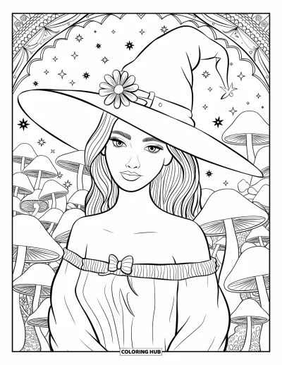 Coloriage de sorcière pour adultes : Une sorcière avec une fleur dans son chapeau se tient dans une forêt de champignons sous les étoiles