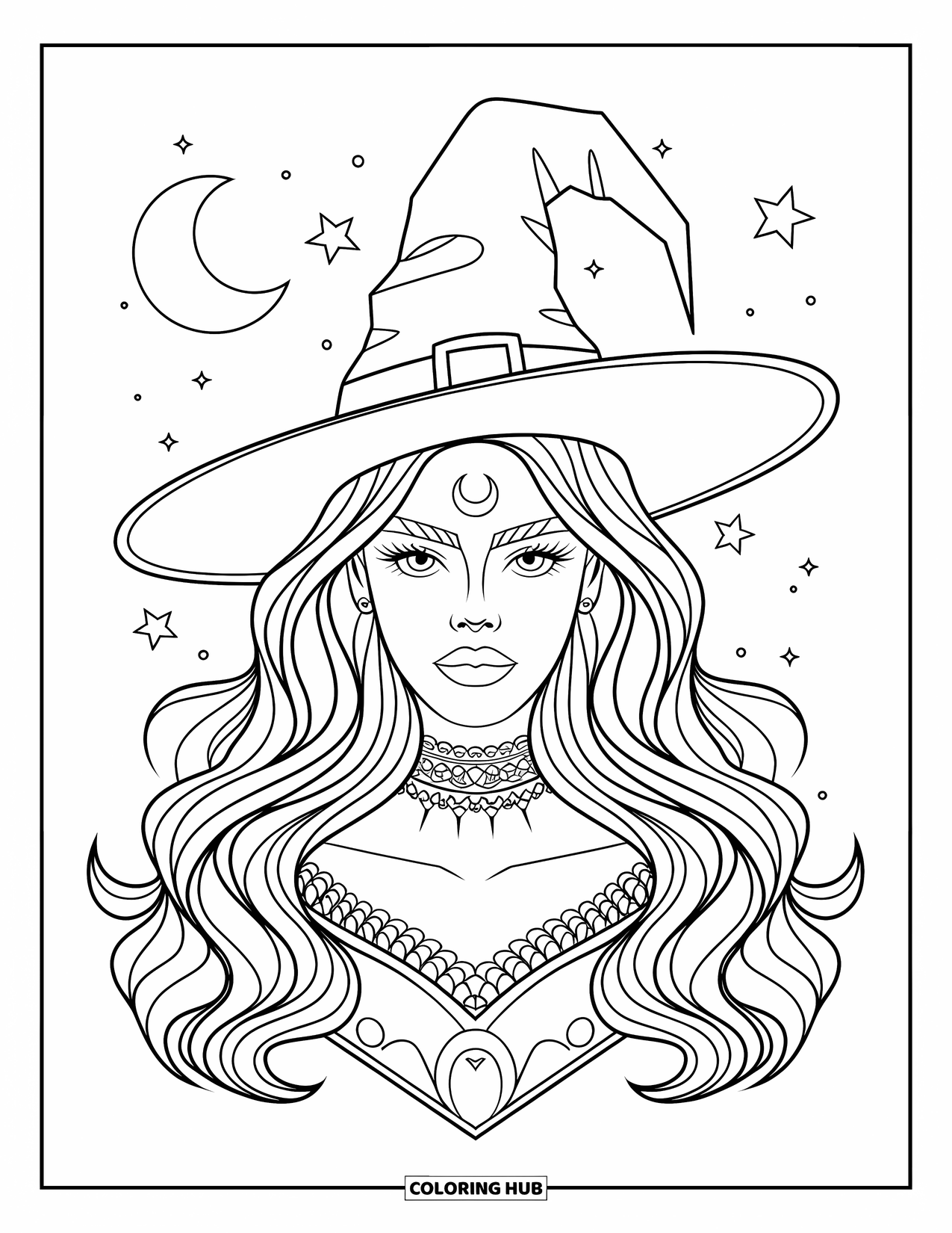 Witch Coloring Page for Adults: A witch with a moon tattoo and choker stands beneath a sky filled with stars