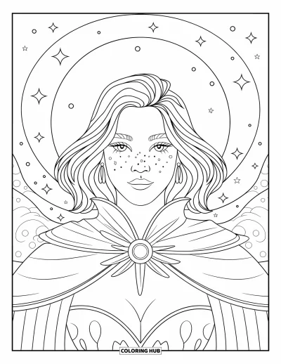 Coloriage de sorcière pour adultes : Une sorcière avec des taches de rousseur et un pendentif lumineux est assise sous un ciel étoilé