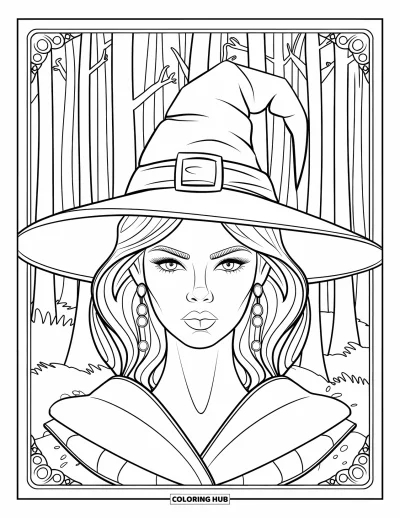 Coloriage de sorcière pour adultes : Une sorcière au regard intense et au chapeau tordu se tient sous de grands arbres forestiers