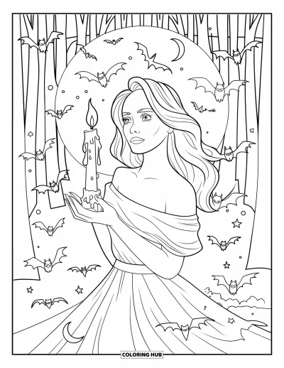 Coloriage de sorcière pour adultes : Une sorcière aux longs cheveux tient une bougie lumineuse entourée de chauves-souris et de lunes
