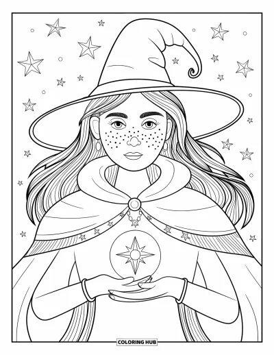 Coloriage de sorcière pour adultes : Une sorcière aux longs cheveux tient un pendentif lumineux sous un ciel rempli d'étoiles