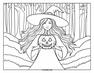 Coloriage de sorcière pour adultes : Une sorcière aux longs cheveux tient une citrouille lumineuse dans une forêt dense et silencieuse