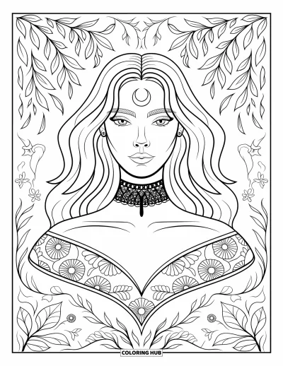 Coloriage de sorcière pour adultes : Une sorcière avec des motifs de lune et de longues vagues de cheveux se tient dans une forêt fleurie