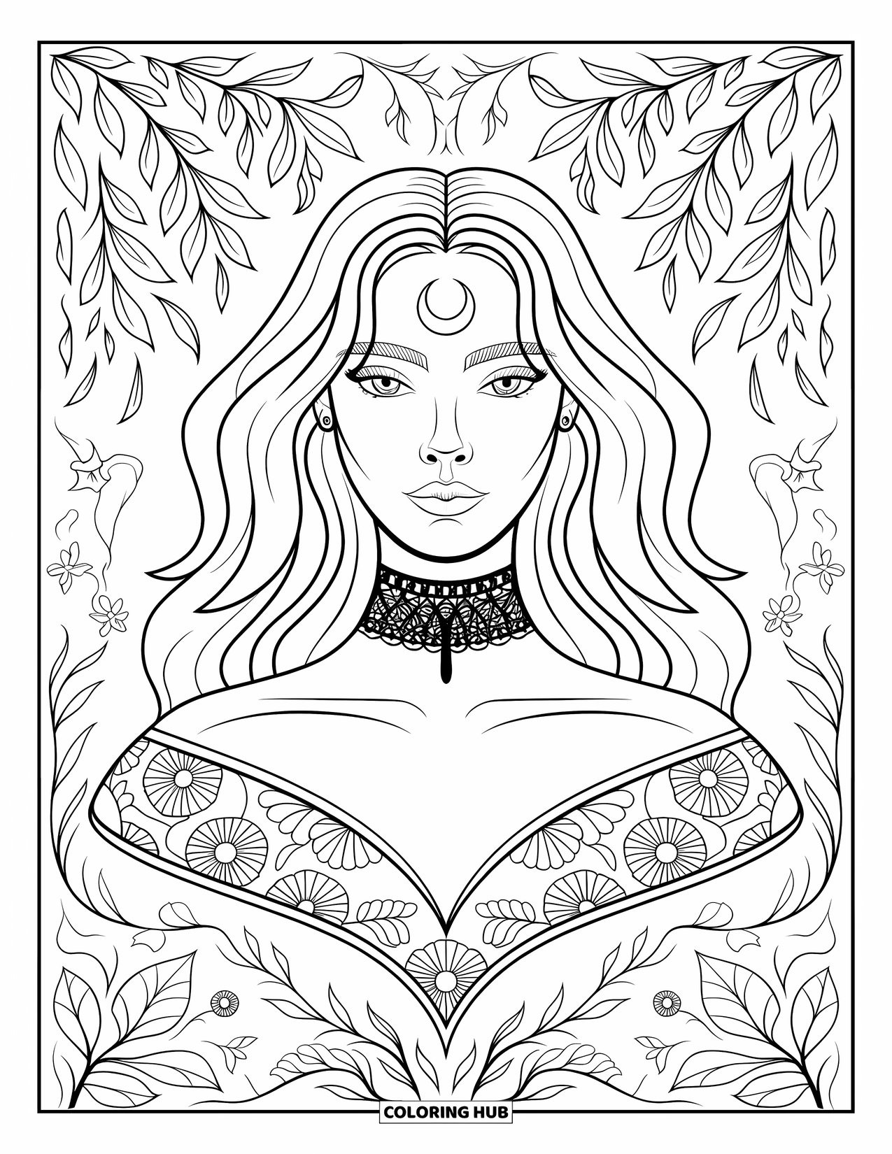 Witch Coloring Page for Adults: A witch with moon ink and long waves stands in a floral forest
