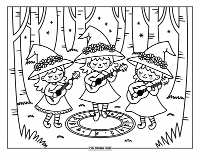 Coloriage de sorcière pour adultes : Des sorcières couronnées de fleurs dansent et jouent avec bonheur dans une forêt illuminée de lumières magiques