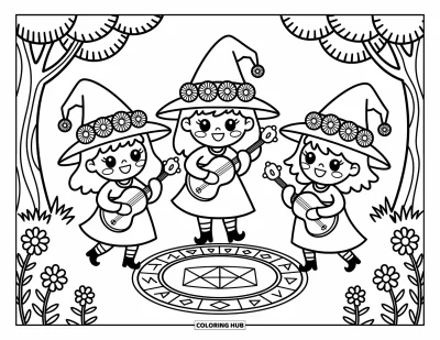 Coloriage de sorcière pour adultes : De petites sorcières jouent des instruments et dansent près de runes lumineuses dans une scène forestière chaleureuse