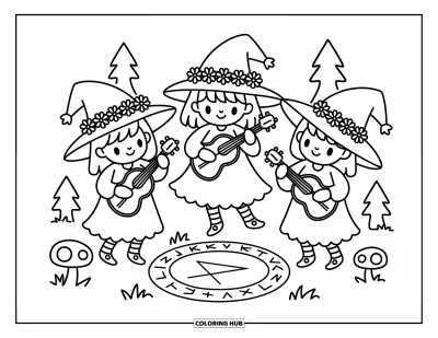 Coloriage de sorcière pour adultes : Trois sorcières avec des couronnes de fleurs tourbillonnent et jouent de la musique dans un cercle forestier lumineux