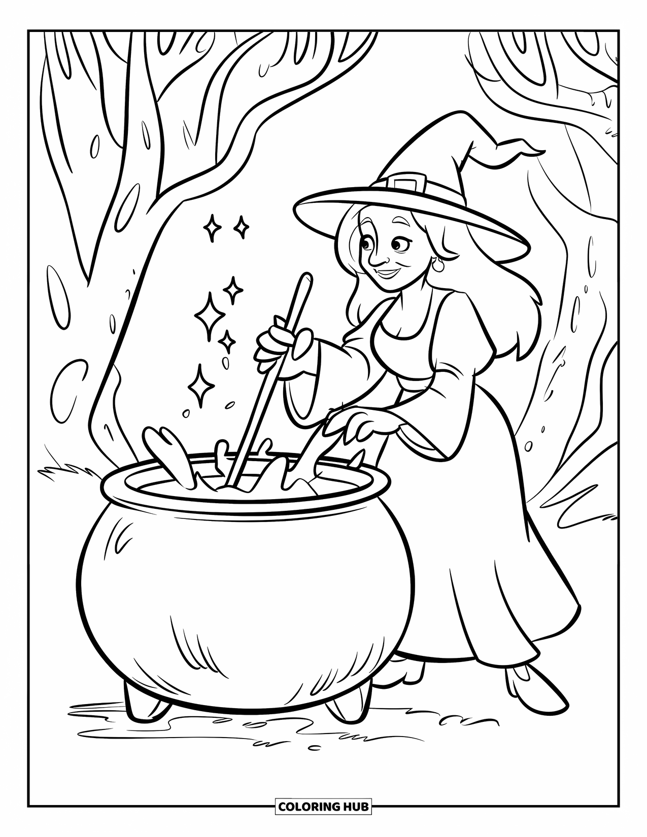 Witch Coloring Page for Kids: A cheerful witch stirs a bubbly cauldron in the middle of a quiet forest
